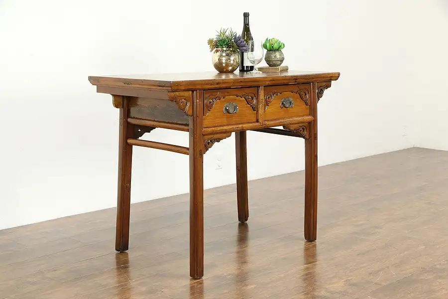 Main image of Chinese Antique Carved Ash & Pine Hall Console Table or Sideboard