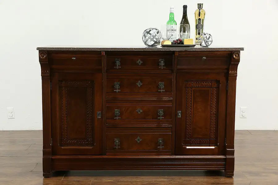 Main image of Victorian Eastlake Antique Walnut Sideboard Server or Buffet, Marble Top