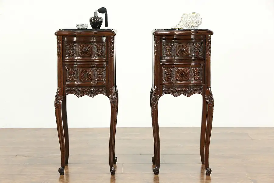 Main image of Pair of Antique Walnut & Black Marble Top Nightstands or End Tables