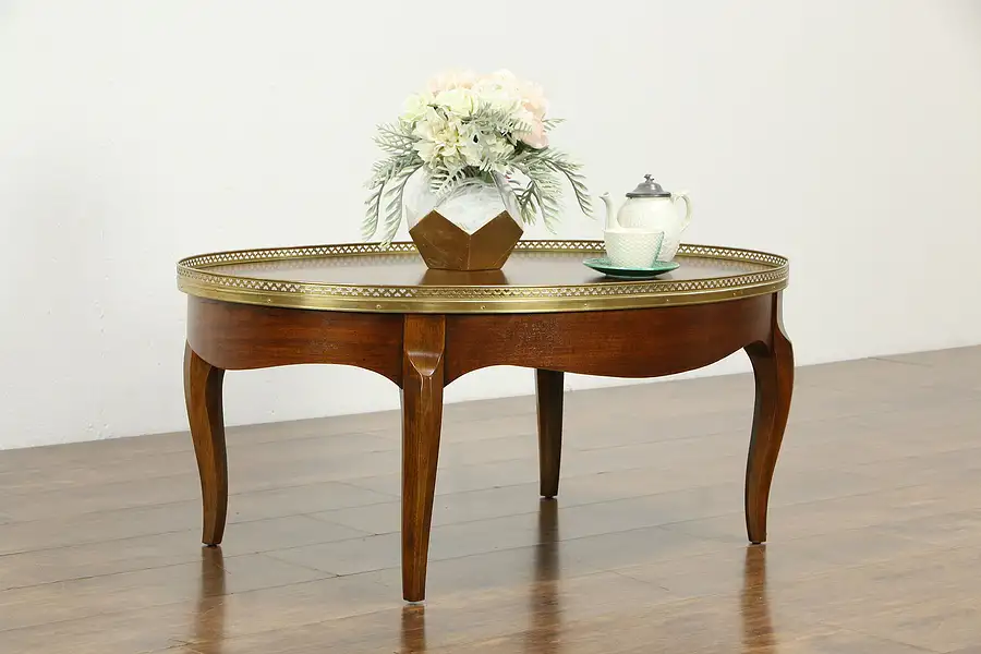 Main image of Oval Banded Walnut Vintage Coffee Table, Brass Gallery, Signed Baker