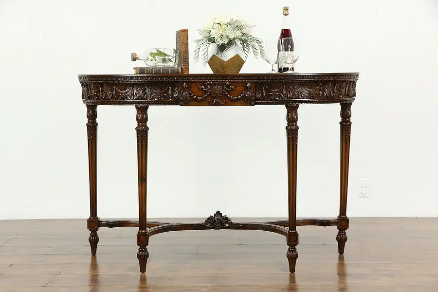 Main image of Demilune Half Round Antique Carved Walnut Hall Console Table