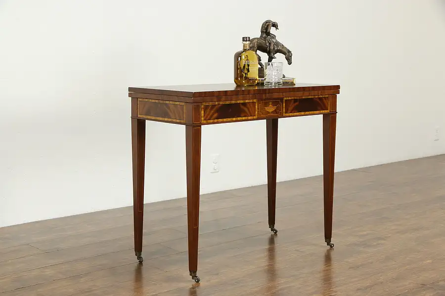 Main image of Hepplewhite Vintage Marquetry Console, Opens to Game Table, Weiman