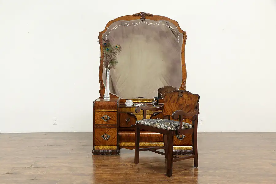 Main image of Art Deco Waterfall Vanity and Chair, Beveled Mirror, Bakelite Pulls