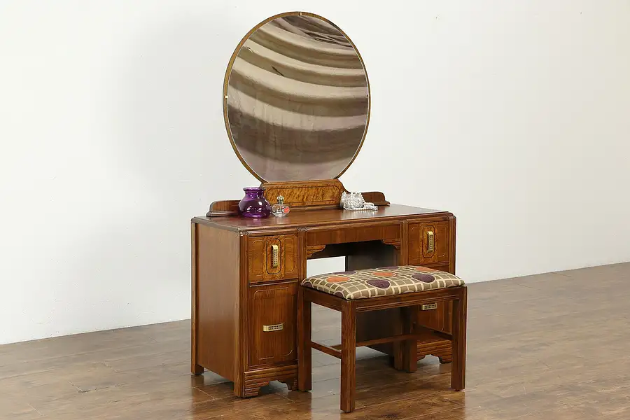 Main image of Art Deco Vintage Walnut Vanity & Matching Bench, Newly Upholstered