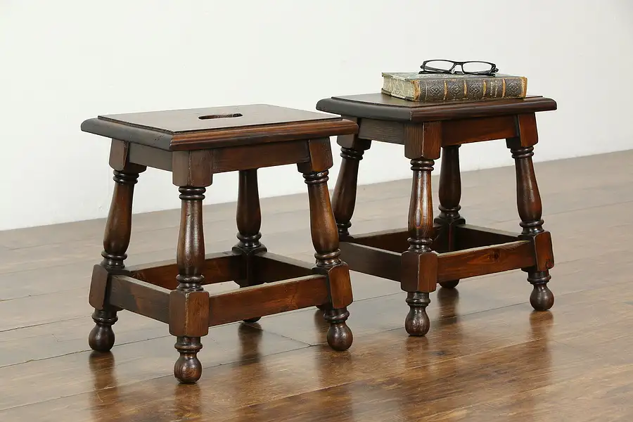 Main image of Pair of Farmhouse or Country Pine Vintage Footstools, Hand Holes