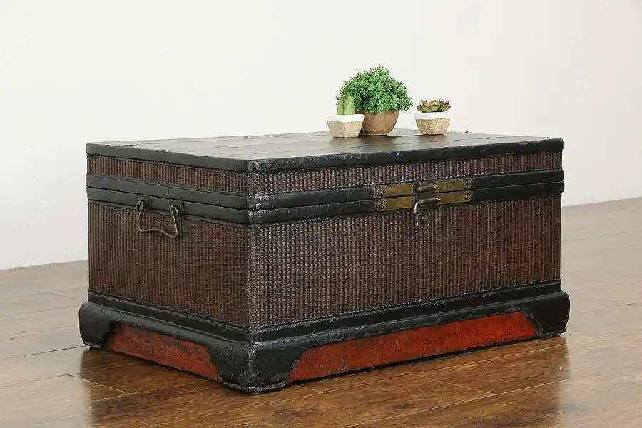 Main image of Korean Antique Wicker & Lacquer Trunk, Blanket Chest or Coffee Table