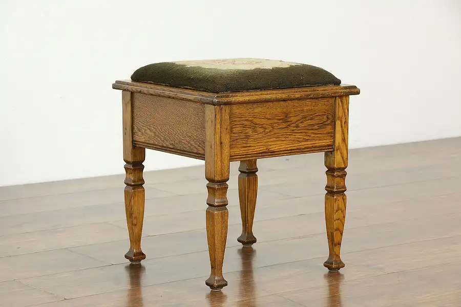 Main image of Victorian Antique Lift Top Oak Stool, Needlepoint Upholstery