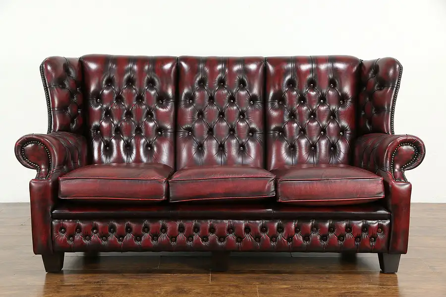 Main image of English Vintage Chesterfield Tufted Leather Sofa, Brass Nail Head Trim