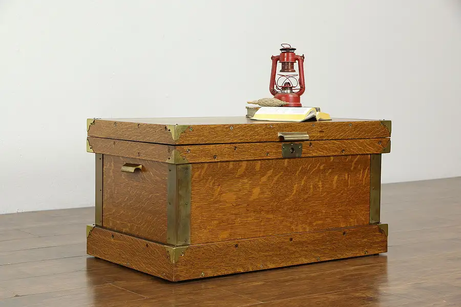 Main image of Quartersawn Oak Antique Tool Chest or Coffee Table, Brass Mounts