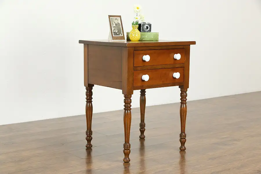 Main image of Cherry Antique 1850 Nightstand, Lamp or End Table, Opal Glass Knobs