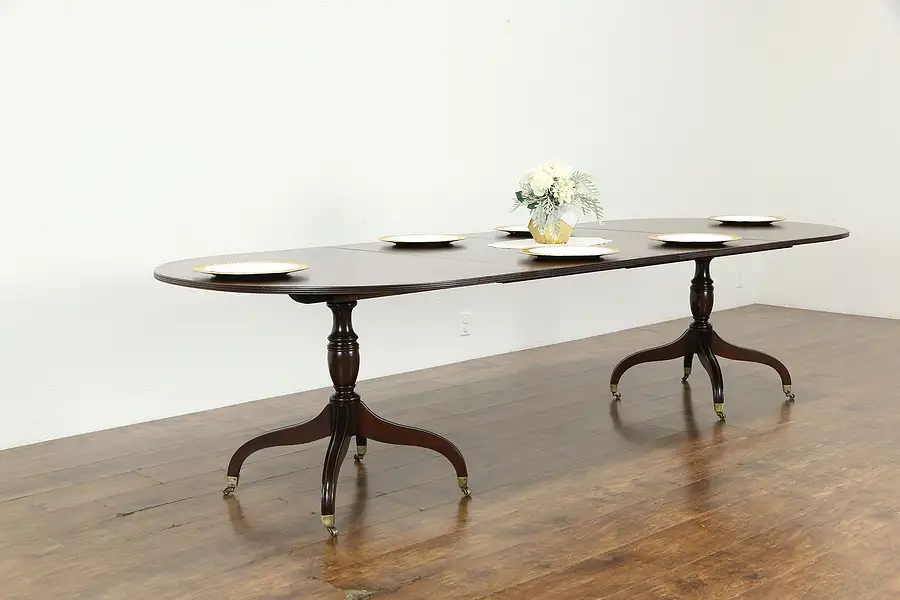 Main image of Oval Banded Mahogany Antique Double Pedestal Dining Table, 2 Leaves