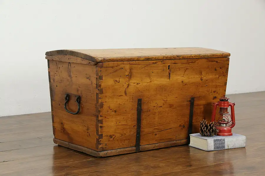 Main image of Country Pine Antique Immigrant Trunk or Blanket Chest, Dovetail Corners