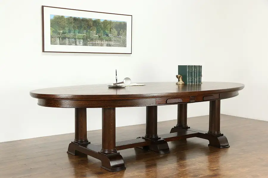 Main image of Oval Antique Oak 10' Desk, Conference or Dining Table, Classical Columns