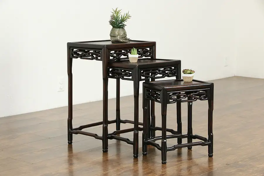 Main image of Set of 3 Chinese Vintage Carved Rosewood Nesting Tables