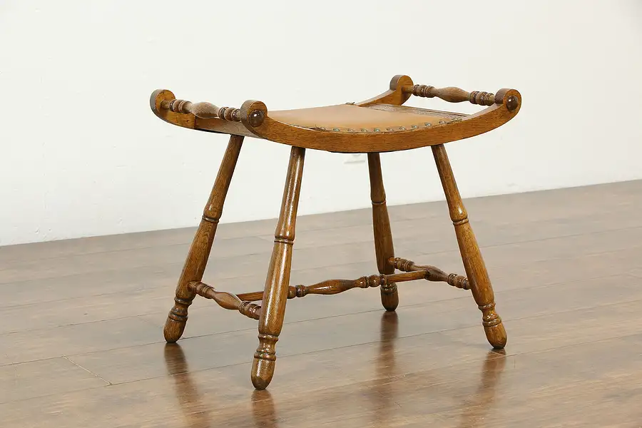 Main image of Victorian Antique Carved Oak Stool, Leather Seat, Brass Nail Heads