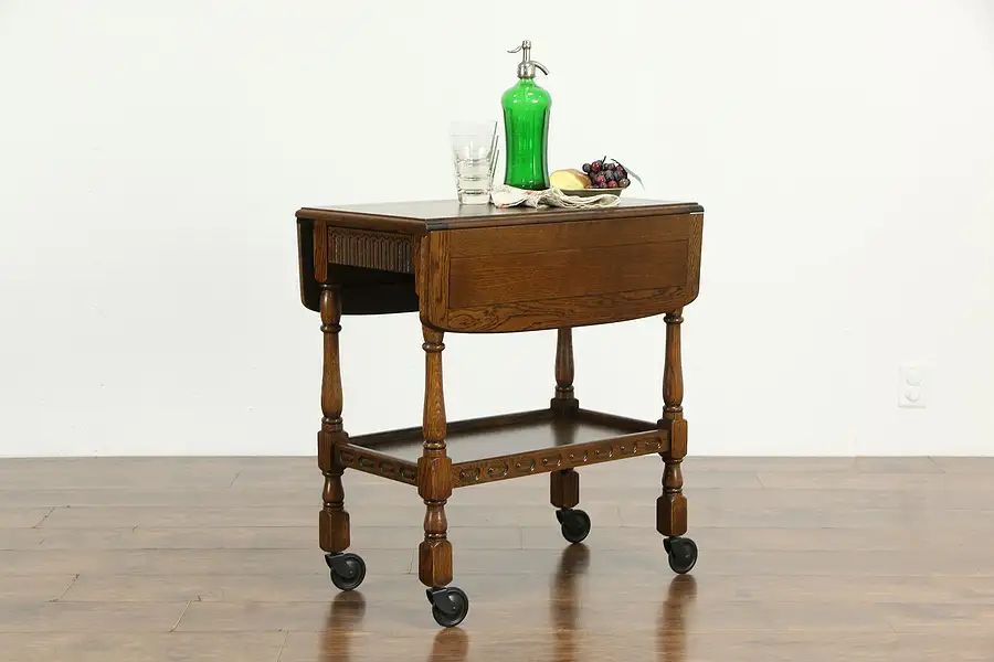 Main image of Oak Antique Dropleaf Bar, Dessert or Beverage Rolling Cart