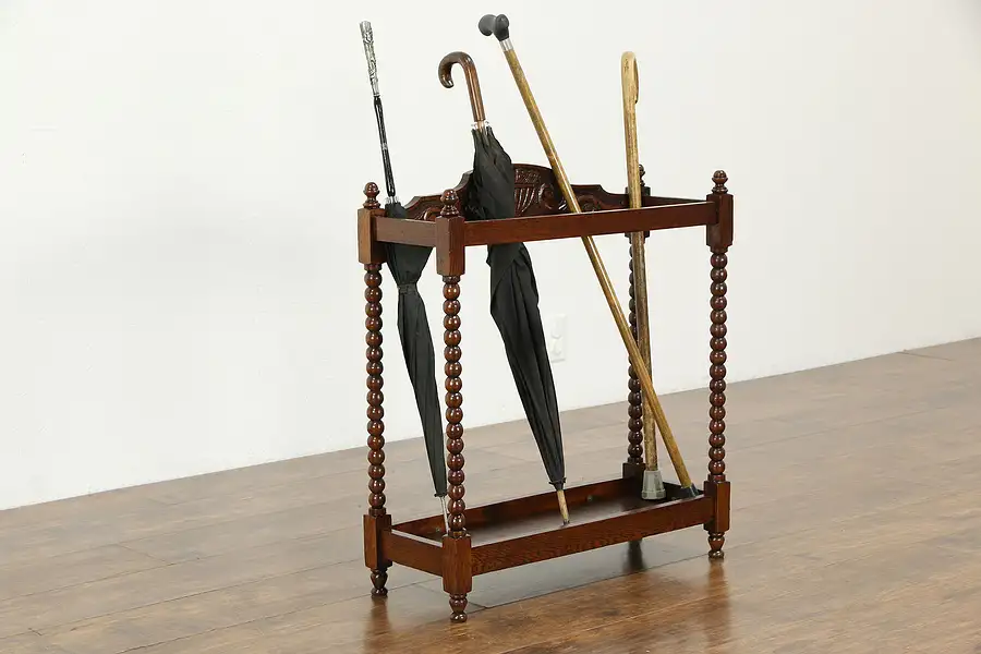 Main image of English Tudor Design Oak Antique Hall Stand Cane & Umbrella Holder