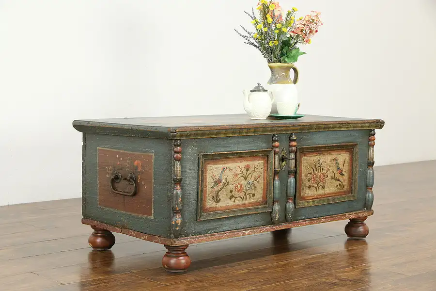 Main image of German Antique Hand Painted Pine Blanket Trunk, Bench or Dowry Chest