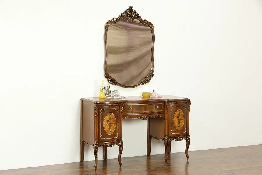 Main image of French Style Vintage Carved & Marquetry Vanity or Desk with Mirror