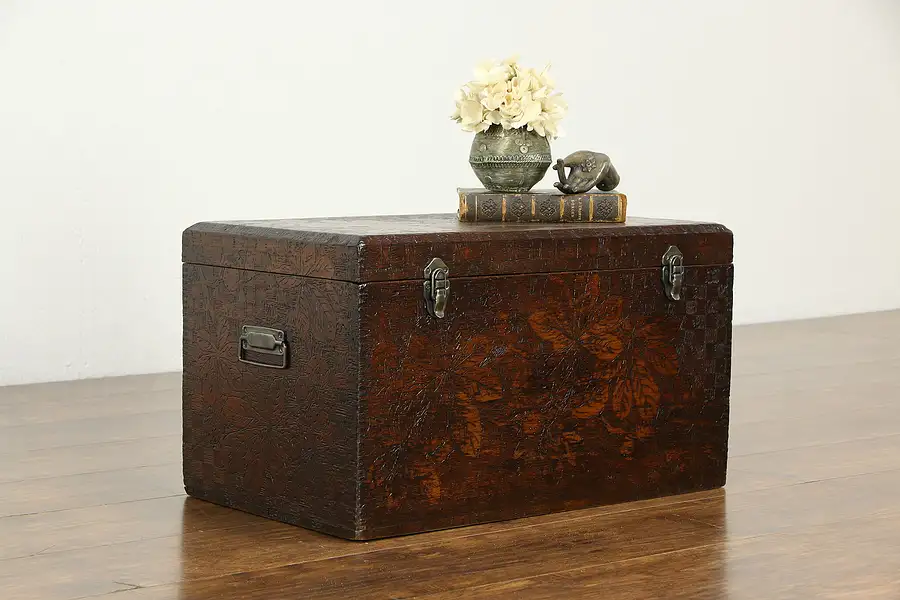 Main image of Folk Art Antique Pyrographic Burnt Wood Small Keepsake Trunk or Chest