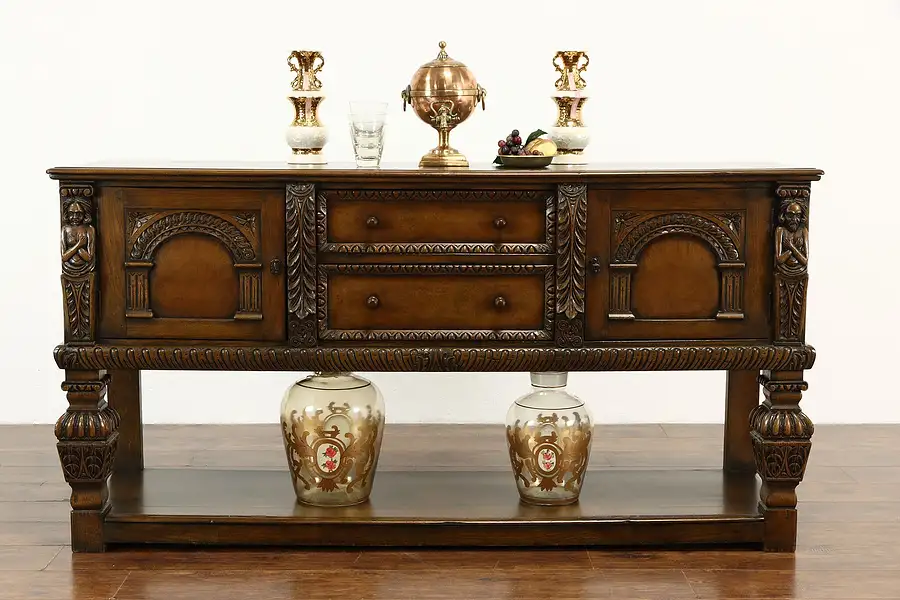 Main image of Renaissance Oak Scandinavian Antique Sideboard, Carved Adam & Eve