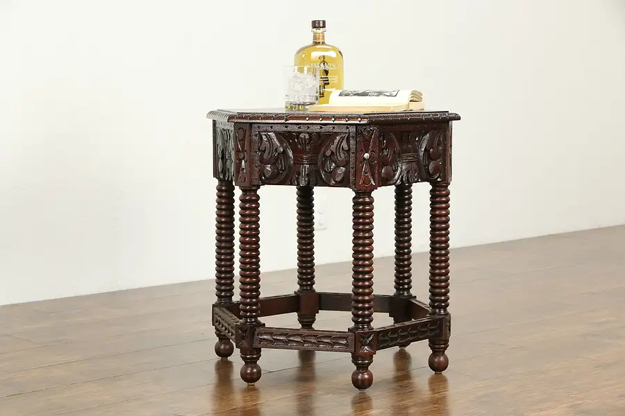 Main image of English Tudor Antique Carved Walnut Hexagonal Lamp Table