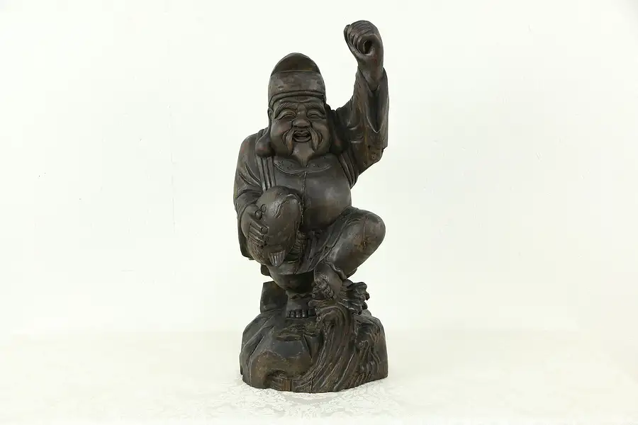 Main image of Fisherman & Fish Antique Chinese Hand Carved Sculpture