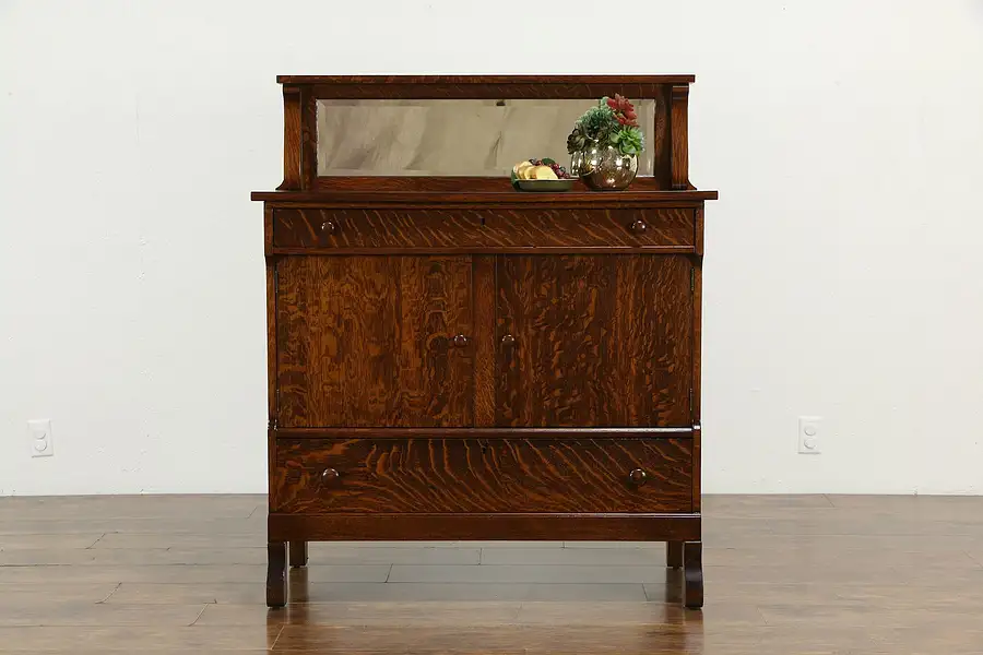 Main image of Oak Quarter Sawn Antique Sideboard, Server or Buffet, Beveled Mirror