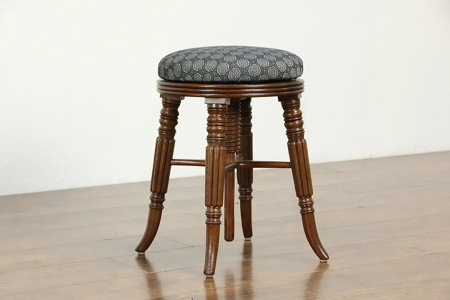 Main image of Victorian Antique Upholstered Piano or Organ Stool, Wooden Screw Swivel