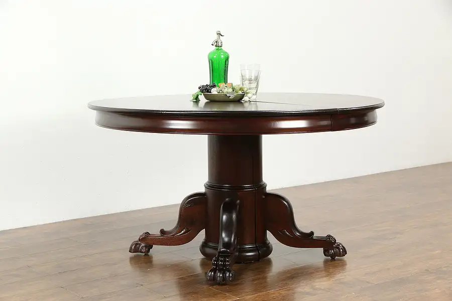 Main image of Round 52" Antique Mahogany Dining Table, 3 Leaves, Lion Paw Pedestal