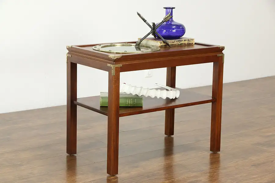 Main image of Mahogany Vintage Coffee Table with Salvage Brass Ship Porthole Coaster