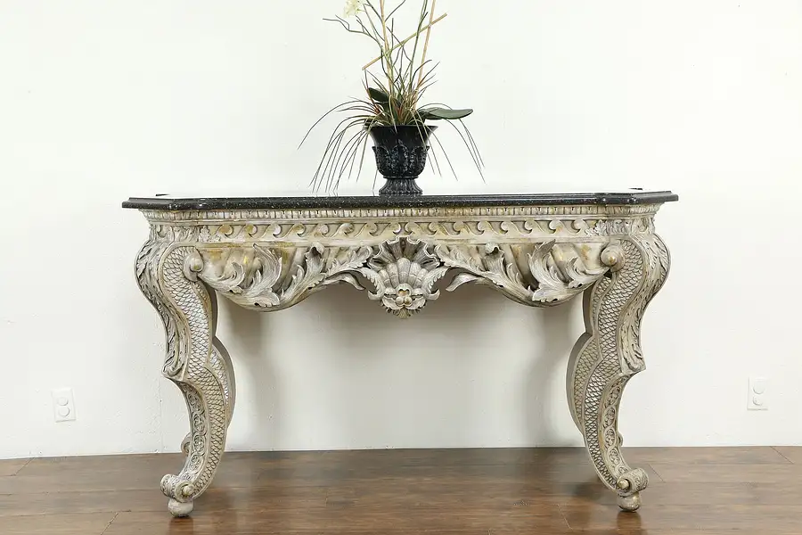 Main image of Renaissance Carved Modern Whitewash & Gold Hall Table, Granite Top