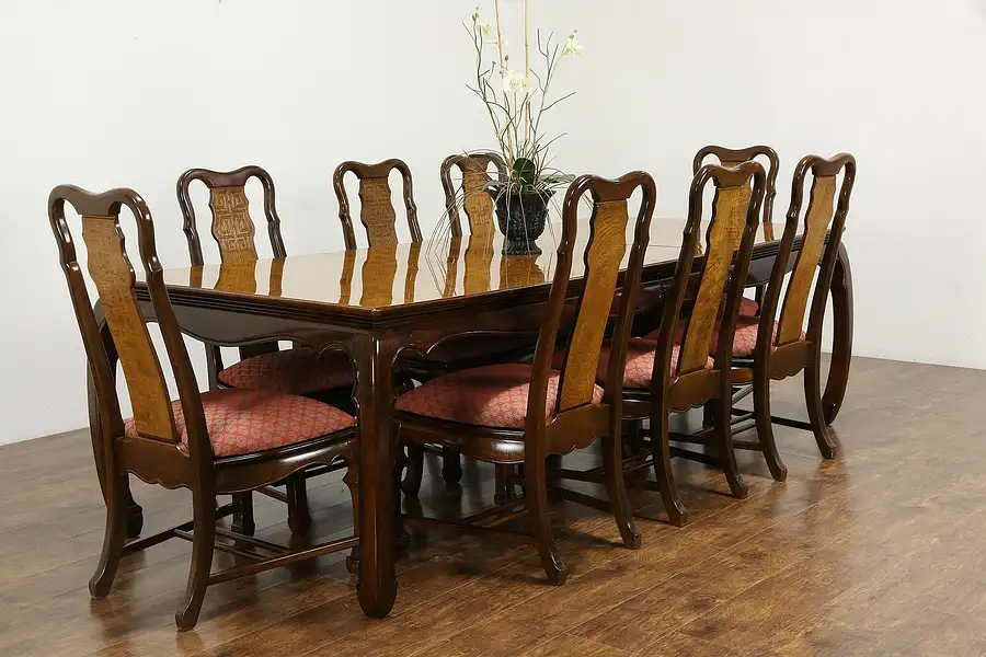 Main image of Chinese Style Vintage Dining Set, Table, 2 Leaves, 8 Chairs, Universal