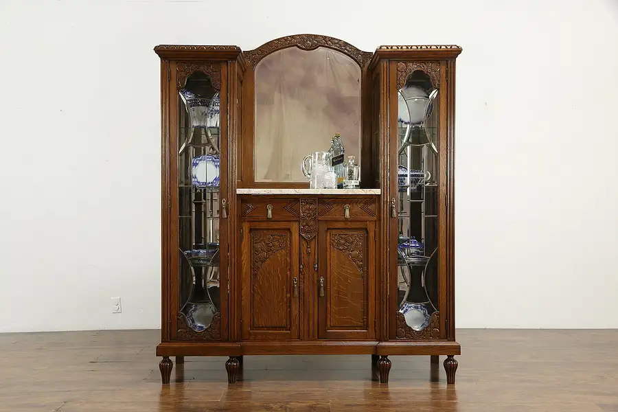 Main image of French Art Deco Sideboard, China or Bar Cabinet, Leaded Glass, Marble