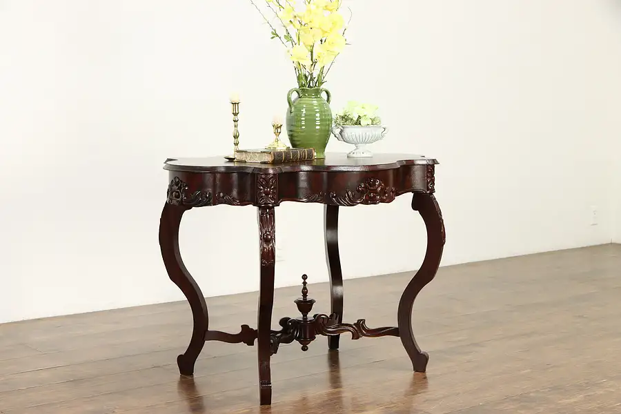 Main image of Victorian Antique Turtle Top Carved Mahogany Parlor or Lamp Table