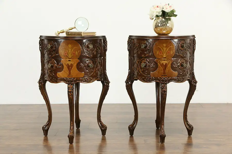 Main image of Pair of French Style Vintage Marquetry Nightstands, Lamp or End Tables