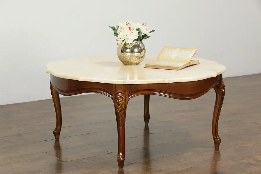 Main image of French Style Marble Top Vintage Carved Cherry Coffee Table