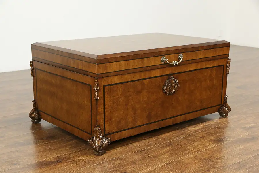 Main image of Marquetry Inlaid & Carved Vintage Trunk, Blanket Chest or Coffee Table