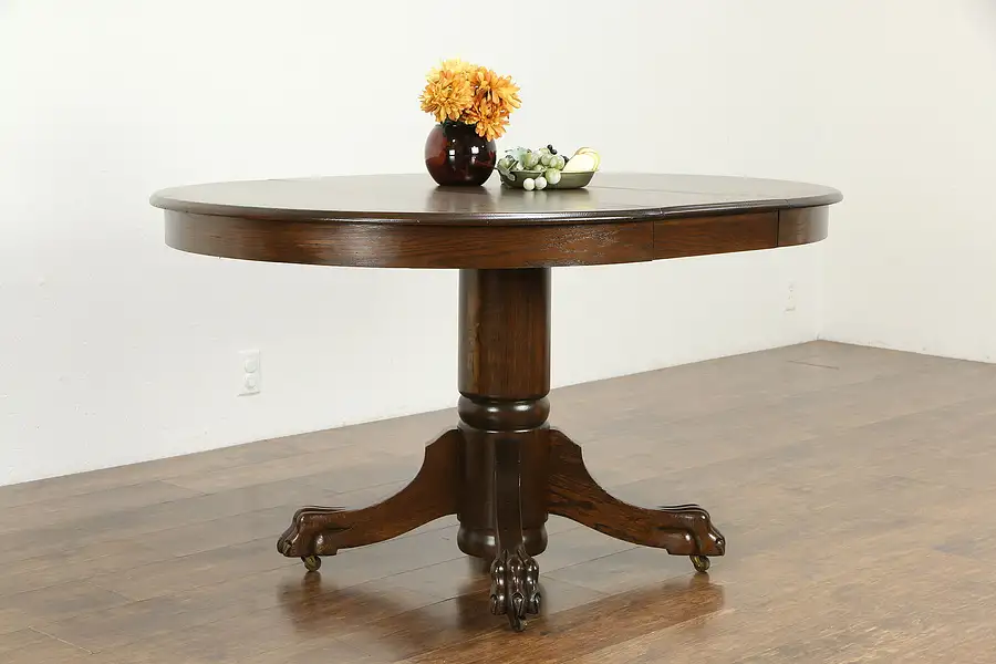 Main image of Victorian Oak 42" Dining Table, Leaf, Carved Lion Paw Pedestal