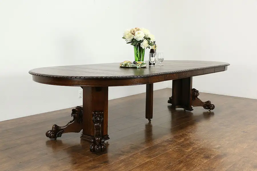 Main image of Oak Quarter Sawn Antique 54" Dining Table, Carved Lions, Extends 10' 9"