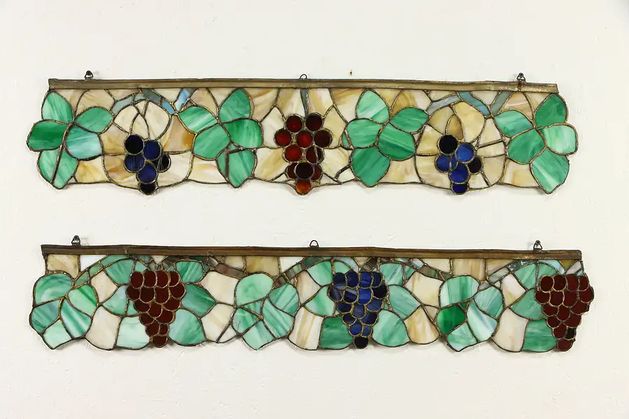 Main image of Pair of Grape Motif Antique Stained Glass Hand Leaded Window Fragments