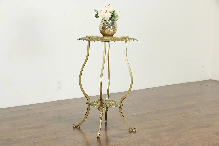 Main image of Victorian Antique Onyx & Brass Sculpture Pedestal or Plant Stand, Angels