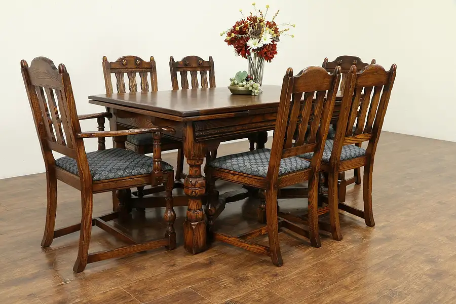 Main image of Oak English Tudor Antique 1920 Dining Set, Table, 2 Leaves, 6 Chairs