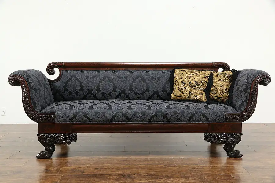 Main image of Empire 1825 Antique Mahogany Sofa, Acanthus & Paw Feet, New Upholstery