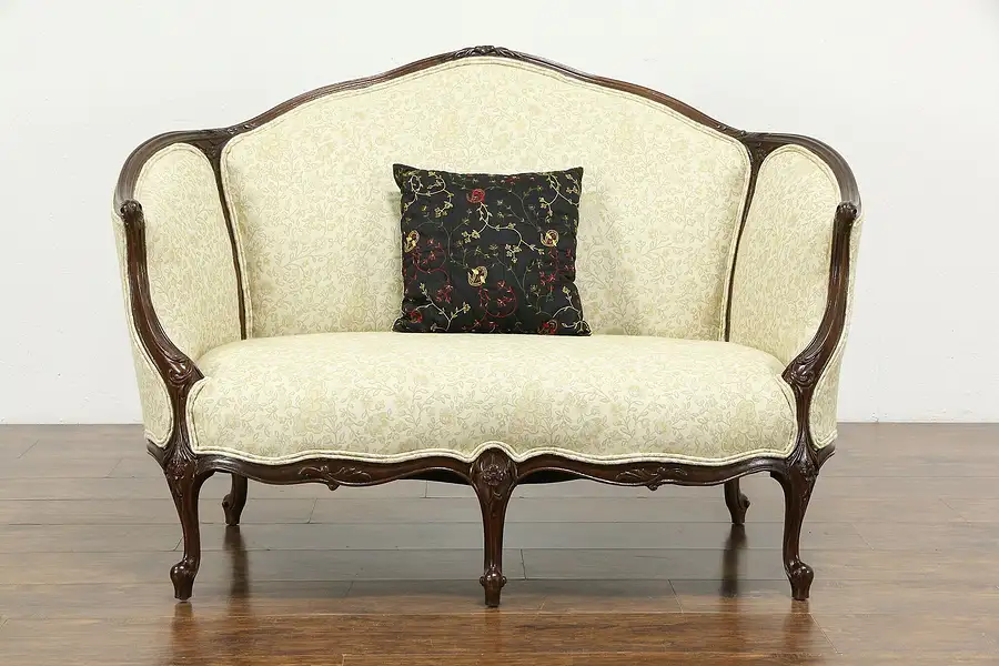 Main image of French Style Carved Fruitwood Vintage Loveseat, New Upholstery