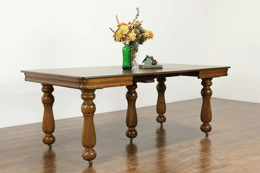 Main image of Victorian Antique Square Oak Farmhouse Dining Table, 4 Leaves, 5 Legs