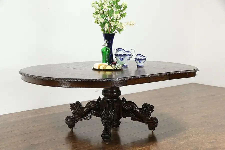 Main image of Black Forest Oak Antique Dining Table, Carved Lions, 3 Leaves Extend 7'