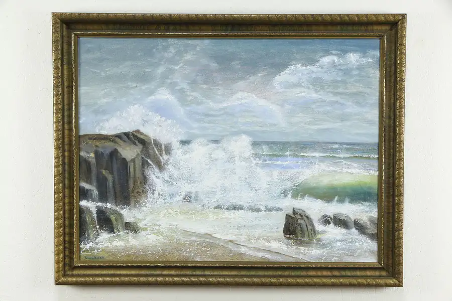 Main image of Coastal Waves in Cal. Antique Original Oil Painting, Silas Dustin 45 1/2"