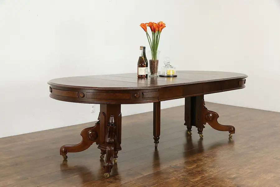 Main image of Victorian Antique Walnut Pedestal Dining Table, 8 Leaves, Extends 12'