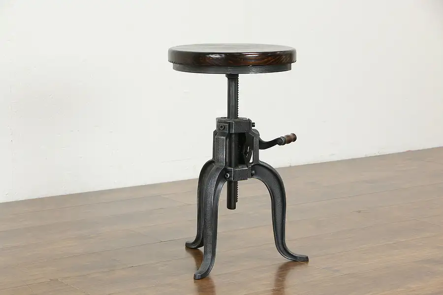 Main image of Industrial Salvage Style Adjustable Crank Iron Swivel Stool, Pine Top